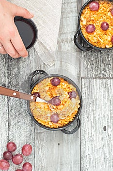 Top view of Crumbs. Typical spanish food with grapes