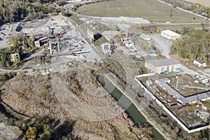 Top view of crushed stone quarry, quarry equipment