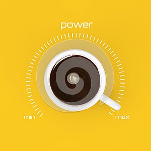 Top View of Cup of Black Coffe as Power Control at Maximum Value. 3d Rendering