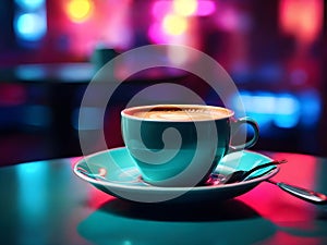 Top view of a cup of black in a coffee shop with neon lights. International Coffee Day October 1