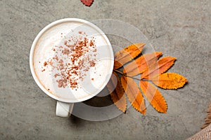 Top view of a cup of cappuccino with cinnamon and orange rowan leaf. The concept of autumn comfort. Keeping warm in autumn