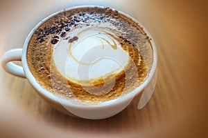 Top view a cup of cappuccino coffee with foam on top i