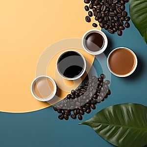 Top view cup of coffee with beans and leaves on minimal theme background with pastel colors