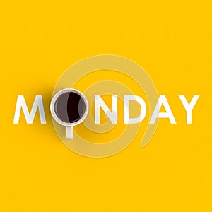 Top view of a cup of coffee in the form of monday isolated on yellow background, Coffee concept illustration
