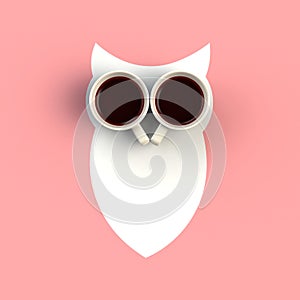 Top view of a cup of coffee in the form of owl isolated on pink background, Coffee concept illustration