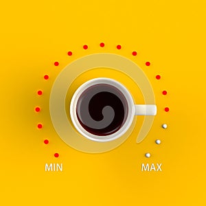 Top view of a cup of coffee in the form of volume control from minimum to maximum level isolated on yellow background