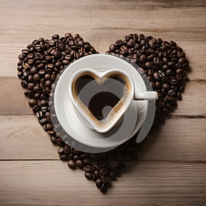 Top view of Cup of coffee with heart shape smoke and coffee beans. Heart symbol, roasted coffee beans in rustic wooden background