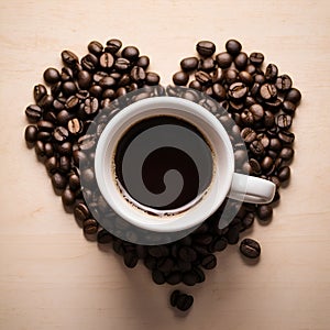 Top view of Cup of coffee with heart shape smoke and coffee beans. Heart symbol, roasted coffee beans in wooden background. Beans