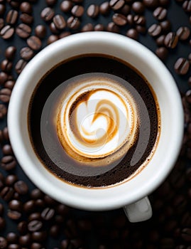 Top view of a cup of coffee with milk foam creating a beautiful swirl in the center