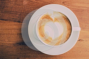Top view cup and coffee on wooden table