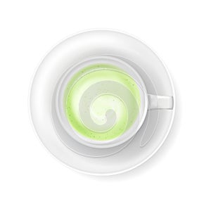 Top view at cup of green tea matcha latte with milk foam isolated on white background. Realistic vector illustration of
