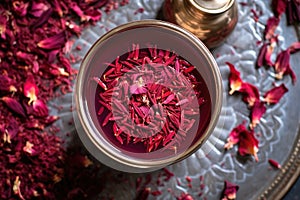 top view of a cup of hibiscus tea with dried petals scattered around