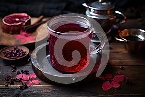 top view of a cup of hibiscus tea with steam rising, on a rustic table