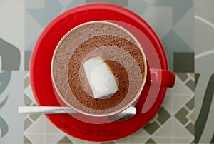 Top View of a Cup of Hot Chocolate with Marshmallow Floting