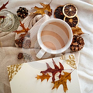 Top view of a cup of hot chocolate on the table covered in tablecloths and dry leaves