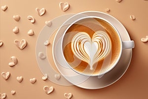 Top view of a cup of latte coffee with heart shaped art on foam, against a love themed background.