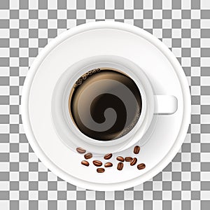 Top view of cup on saucer with coffee beans. Realistic illustration.