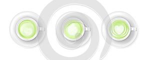 Top view at cups of green tea matcha latte with milk foam isolated on white background. Realistic vector illustration of