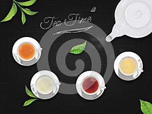 Top View Cups of Tea with Black Background