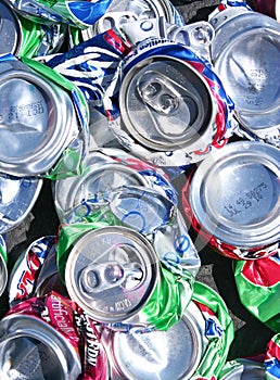 Top view of curshed soda cans in a pile