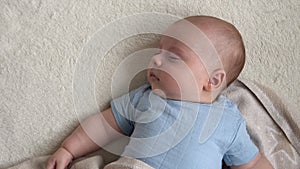 Top View Cute Kid 2 Month Newborn Boy Sweetly Sleeping After Bath Shower On White Soft Bed. Baby Child Napping Time