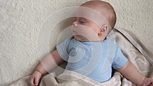 Top View Cute Kid 2 Month Newborn Boy Sweetly Sleeping After Bath Shower On White Soft Bed. Baby Child Napping Time