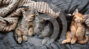 Top view of cute kittens sleeping on woolly blanket