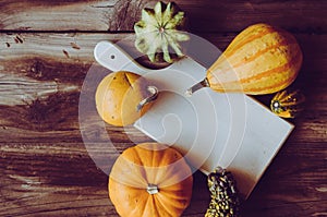 Top view of cute mini pumpkins and white board on rustic table.