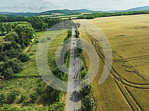 Top view of cycling races. Professional cyclists biking on the road.