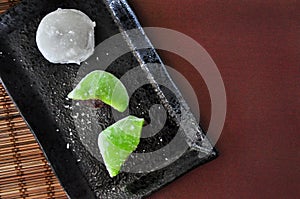 Top view of Daifuku on Black Plate with Copyspace on Background