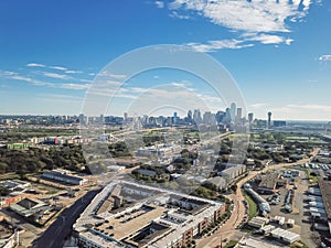 Top view Dallas Downtown from Trinity Groves with cloud blue sky