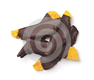 Top view of dark chocolate dipped dried mango slices