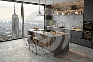 Top view of dark kitchen interior with bar island