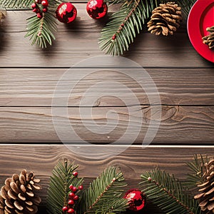 Top view of a dark wooden table with fir branches, cones, red balls. Background template.