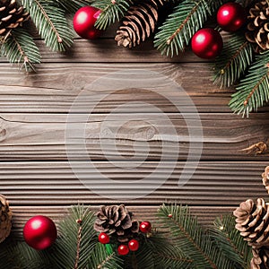 Top view of a dark wooden table with fir branches, cones, red balls. Background template.