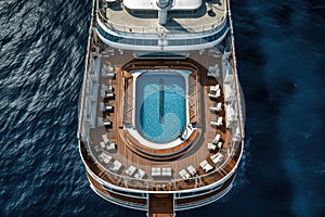 Top view of the deck of a luxury cruise ship with a swimming pool and sun loungers around it.