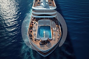 Top view of the deck of a luxury cruise ship with a swimming pool and sun loungers around it. Vacation on an ocean