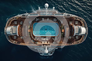 Top view of the deck of a luxury ocean cruise ship drifting in the sea. Swimming pool and jacuzzi, sun loungers, pool