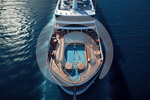 Top view of the deck of a luxury ocean cruise ship sailing through the sea. Swimming pool and jacuzzi, sunbathing.