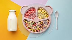 top view delicious cereal with milk spoon. High quality photo