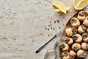 Top view of delicious cooked escargots with lemon slices, black peppercorn and tweezers on stone background.