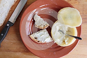 Top view of delicious creamy portuguese Azeitao cheese with bread photo