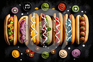 Top view of delicious hot dogs fully loaded with assorted toppings, ai generative illustration