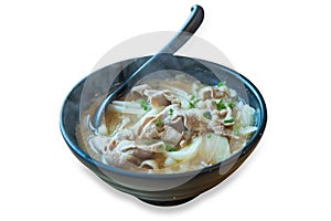 Udon Noodle Soup and Pork with spoon on white background