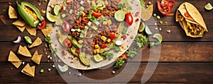 Top view of delicious Mexican taco and ingredients on wooden table, corn tortilla, vegetables and condiments, wide banner, perfect