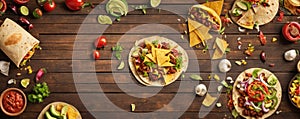 Top view of delicious Mexican tacos and ingredients on wooden table, corn tortilla, vegetables and condiments, wide banner,