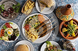 Top view of delicious Moroccan cuisine dishes