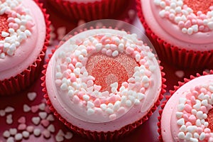 Top view of delicious pink cupcakes with sprinkles and icing in the shape of a heart. Valentine\'s Day dessert to share