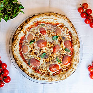 Top-view of delicious pizza Margherita with San Marzano tomatoes and mozzarella