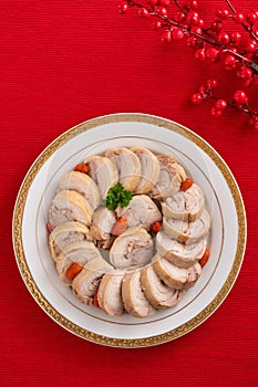 Delicious sliced chicken roll soaked in Chinese wine for lunar new year`s dishes